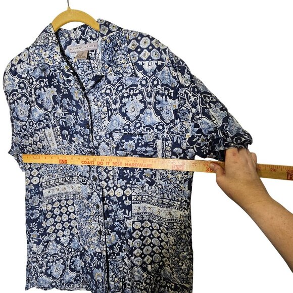 Robert Stock Floral Geometric Patchwork Blue White Shirt M Silk Hawaii Button-Up - Picture 7 of 8